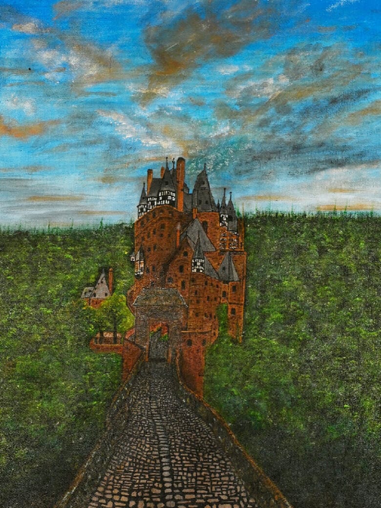 Landscape painting of a stone path leading to forever through nature