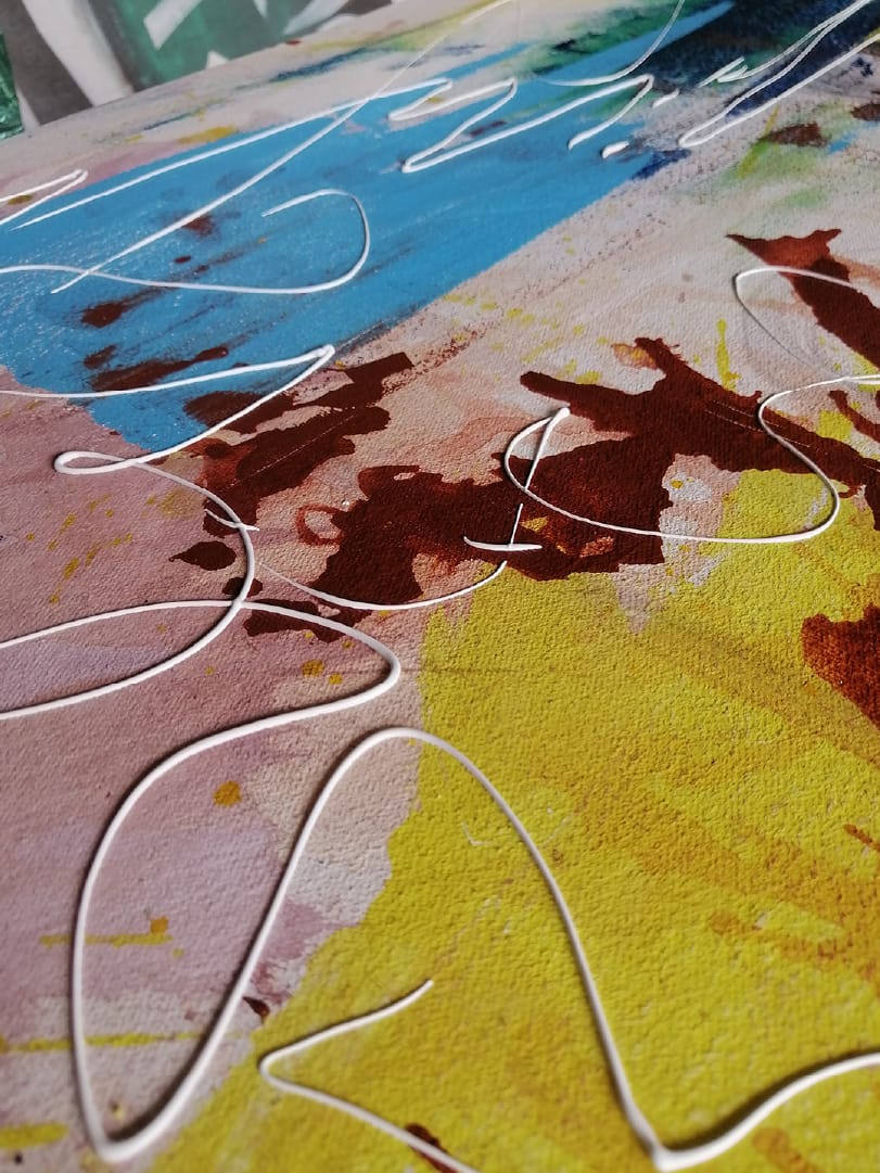 Abstract expressionist painting of tangled thoughts set free above in color