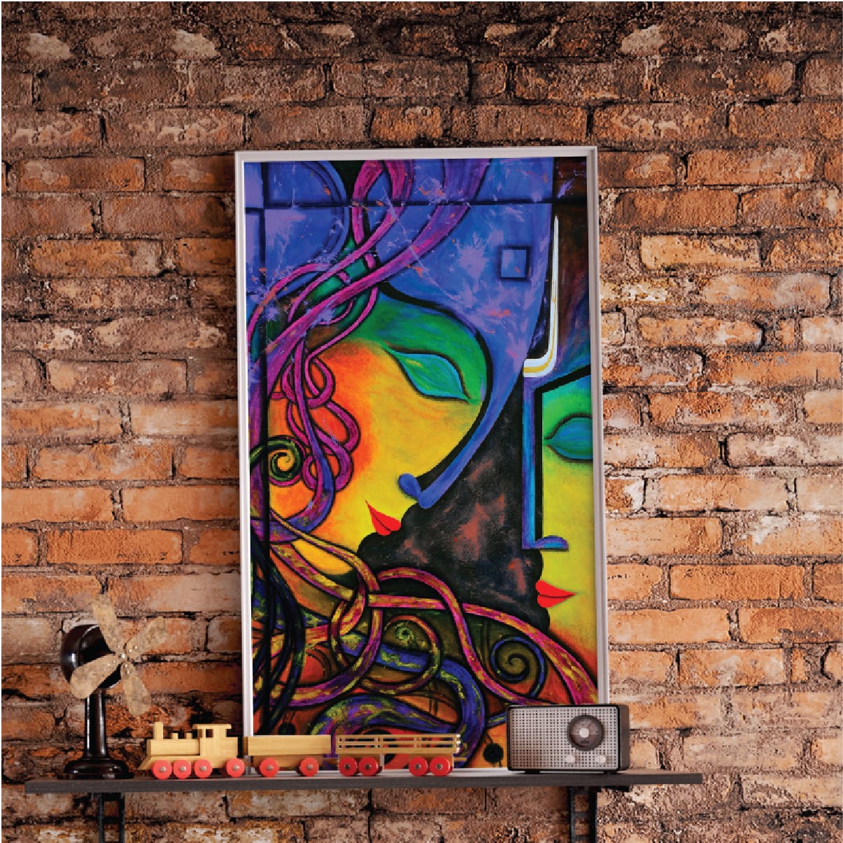 Expressive portrait painting of two souls sharing one silent gaze