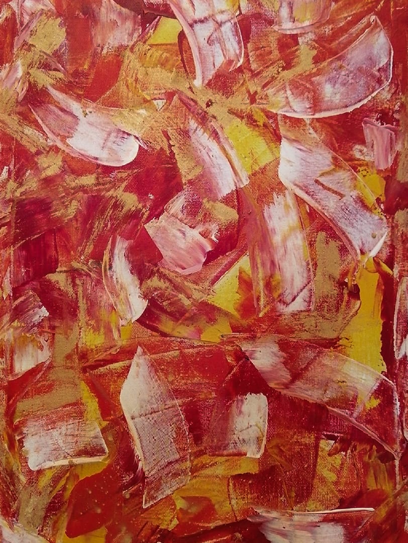 Original abstract painting with bold white pink brushstrokes over red amber and golden yellow layers by Maan Y Artdez Studio