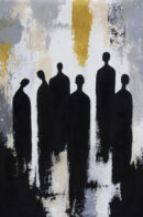 Abstract painting of six black human silhouettes standing together against a white, grey and gold background
