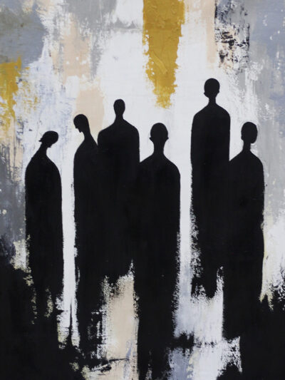 Abstract painting of six black human silhouettes standing together against a white, grey and gold background