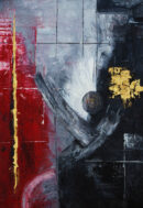 Red, grey and black abstract painting with gold leaf accents, crossing arcs and a dark spiral circle