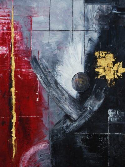 Red, grey and black abstract painting with gold leaf accents, crossing arcs and a dark spiral circle