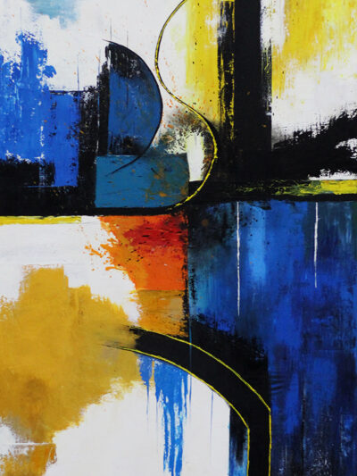 Abstract painting in cobalt blue, yellow, black and white with curved lines and an orange splash