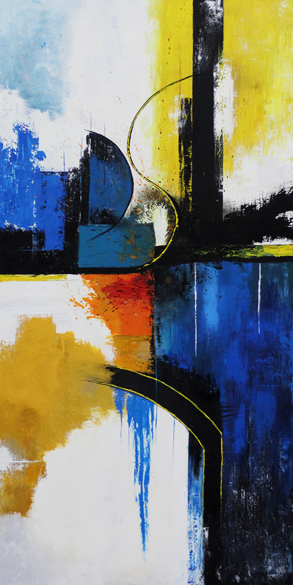 Abstract painting in cobalt blue, yellow, black and white with curved lines and an orange splash