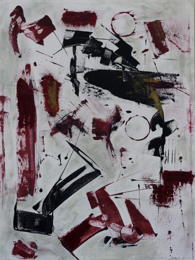 Abstract acrylic painting with crimson and black brush strokes and circles on a white background