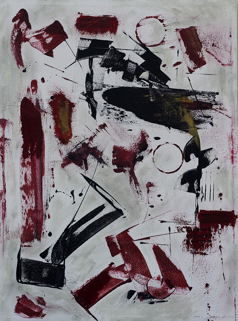 Abstract acrylic painting with crimson and black brush strokes and circles on a white background