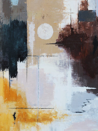 Earth tone abstract painting in amber, rust and teal with a carved white circle, oil on canvas
