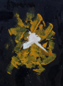 Abstract painting of golden ochre strokes and a white burst on a starry black background