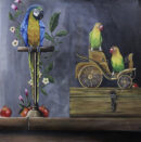 Original oil painting of a macaw and two lovebirds with a vintage wooden cart and tropical flowers on a dark background